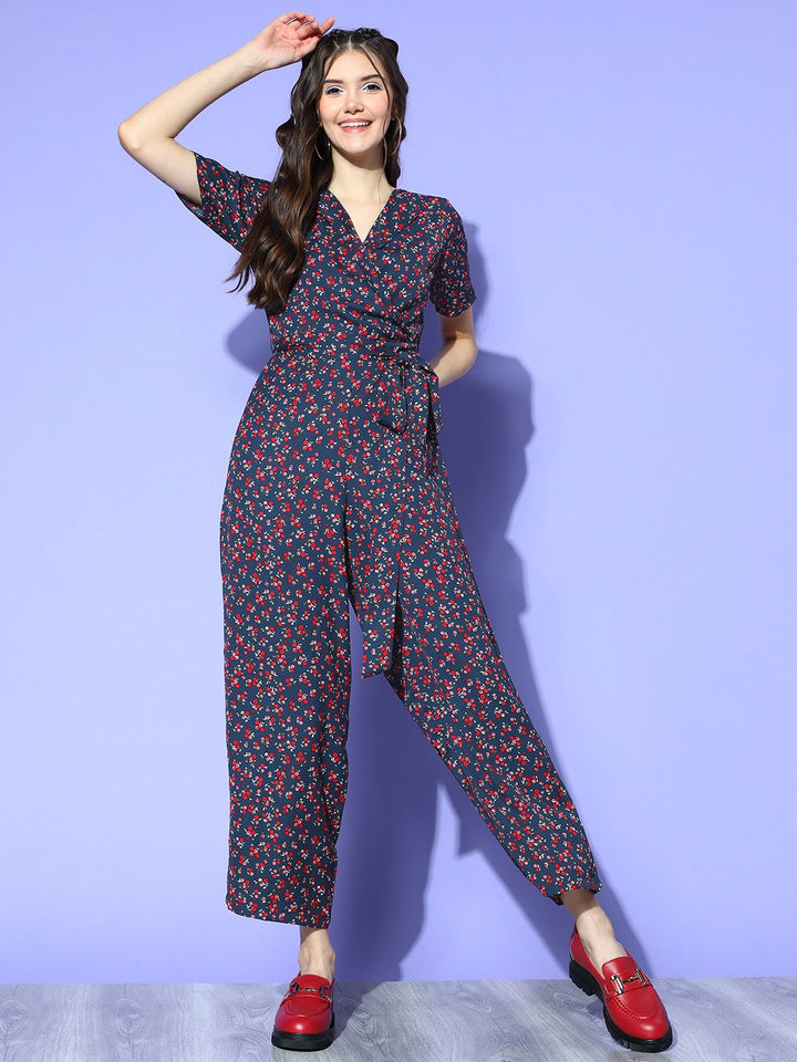 Berrylush Women Navy Blue Printed Wrap it Up Jumpsuit