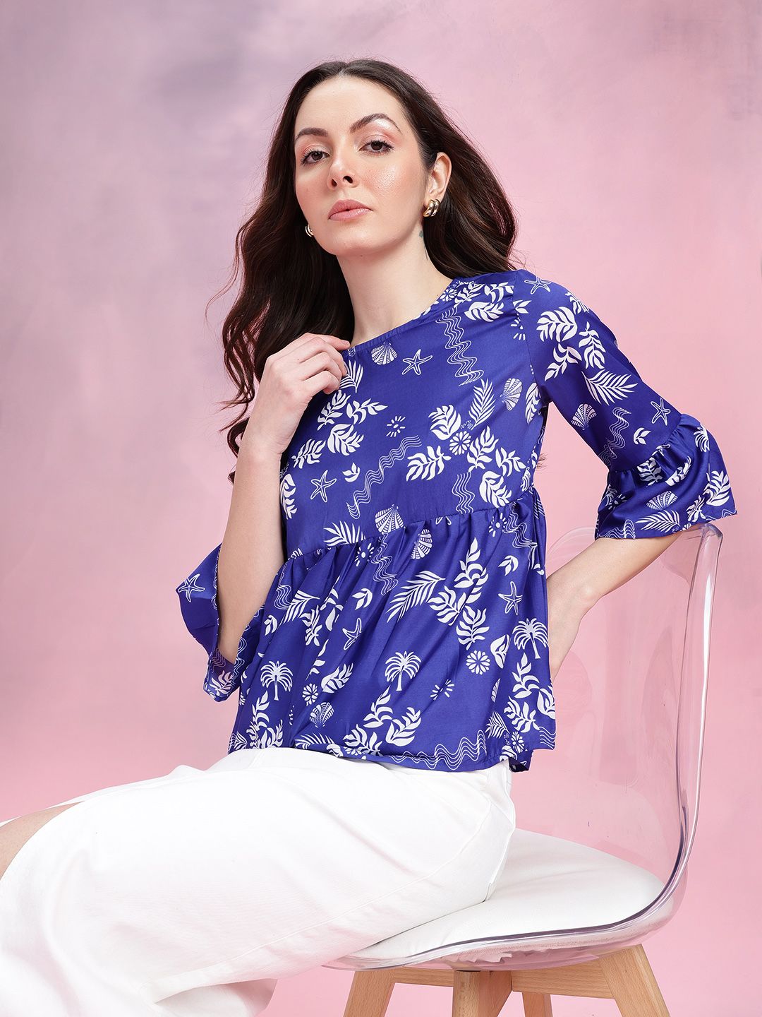 DressBerry Tropical Print Gathered Detail Bell Sleeves Peplum Top