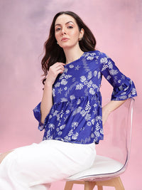DressBerry Tropical Print Gathered Detail Bell Sleeves Peplum Top