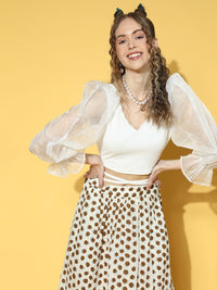 Athena Women Classic White Self-Design Puff Sleeves Top