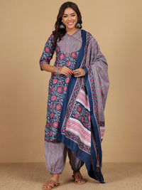 Varanga Floral Printed V-Neck Gotta Patti Kurta With Trousers & Dupatta