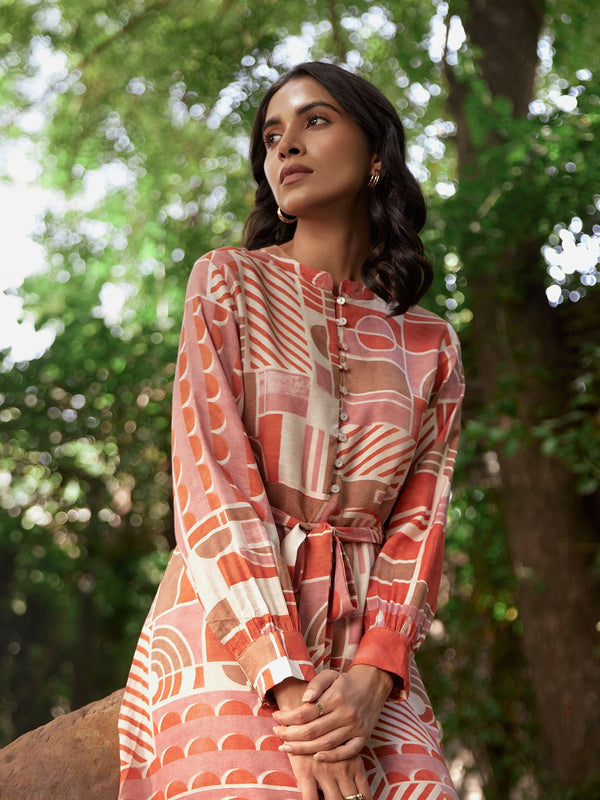 W Geometric Printed Mandarin Collar Cuffed Sleeves A-Line Dress