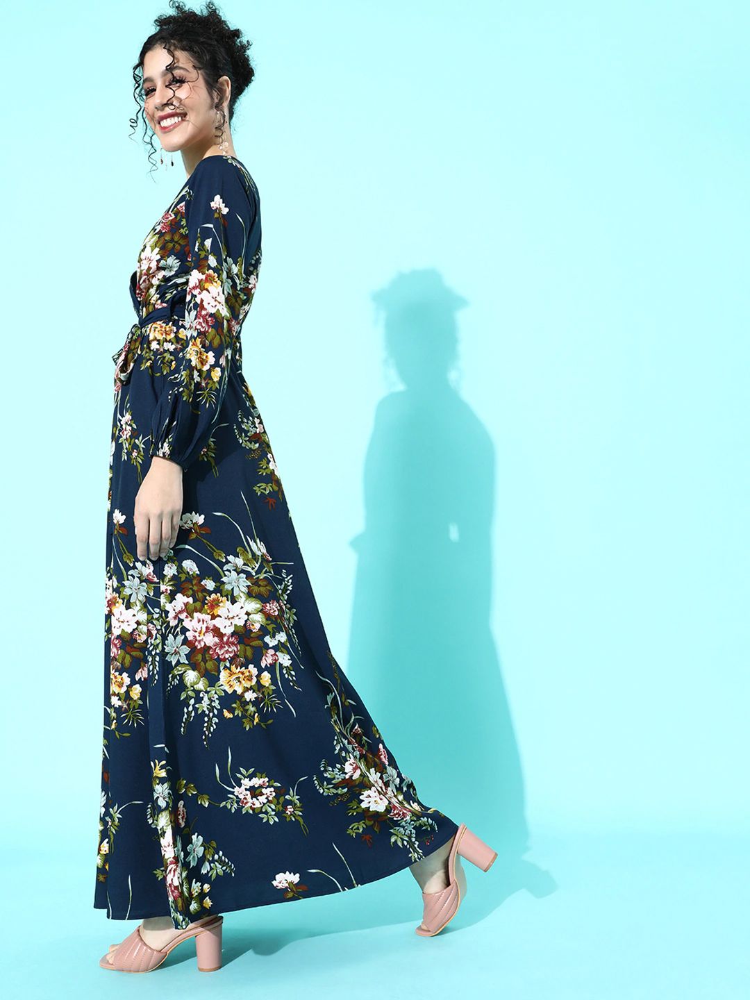 Berrylush Navy Blue Floral Crepe Maxi Dress