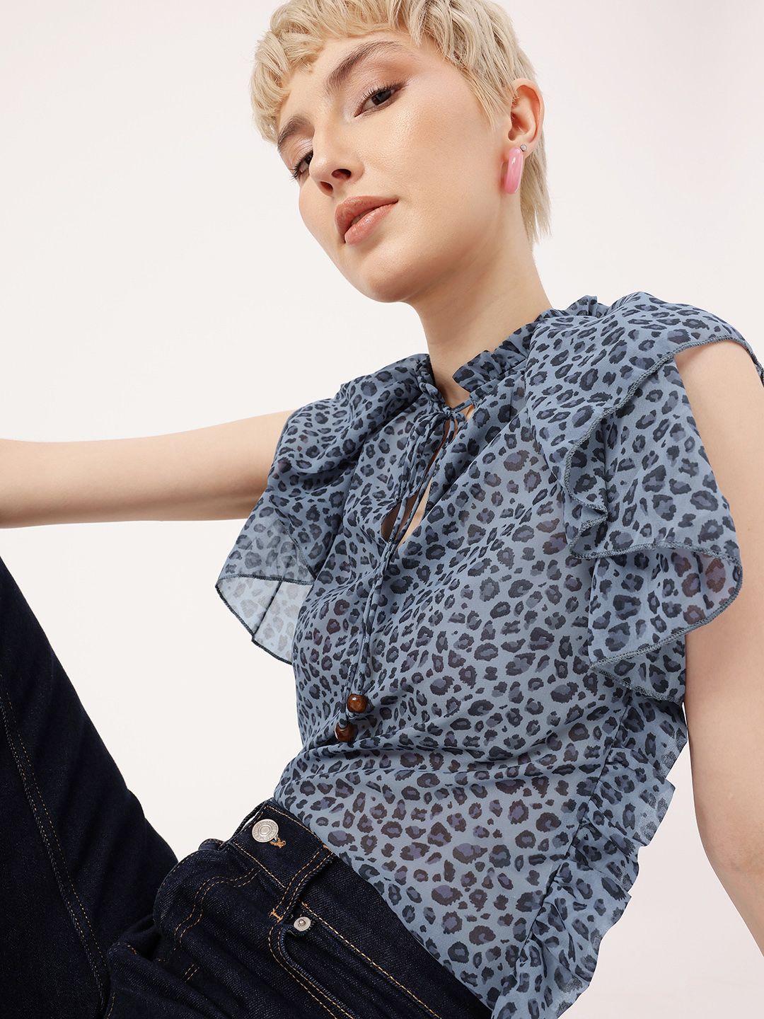 DressBerry Playful Glam Animal Skin Printed Tie-Up Neck Semi Sheer Gathers Top