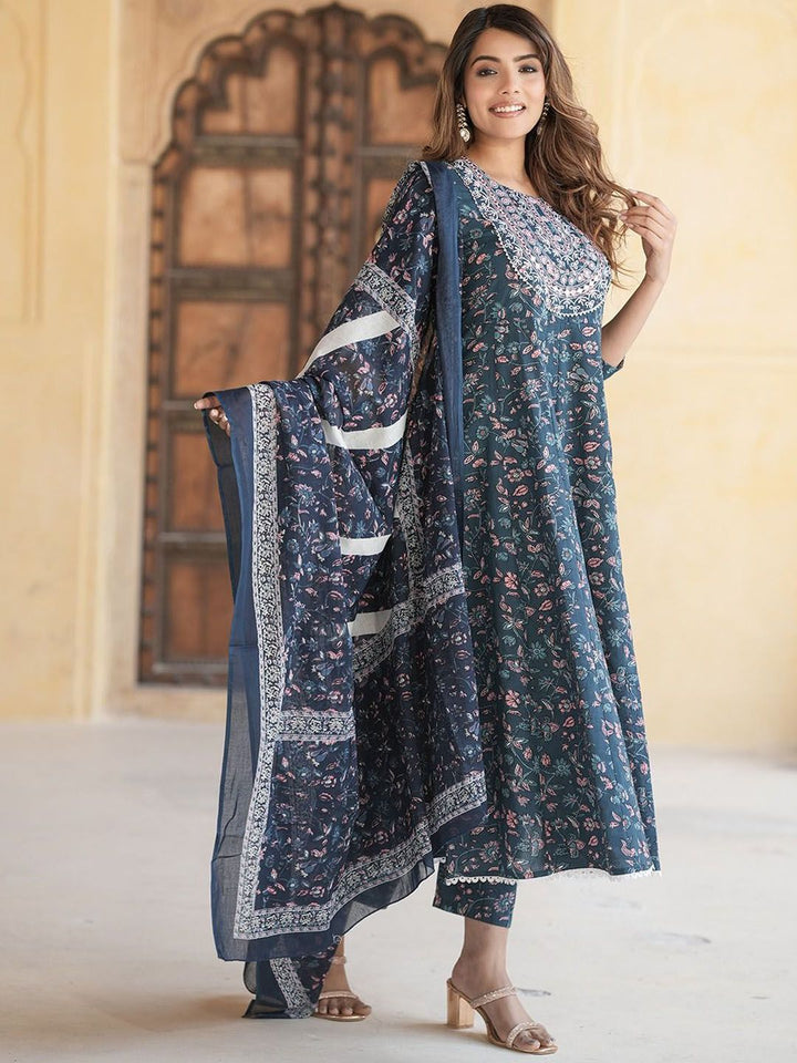 KALINI Floral Embroidered Thread Work Pure Cotton Anarkali Kurta With Trousers & Dupatta