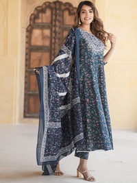 KALINI Floral Embroidered Thread Work Pure Cotton Anarkali Kurta With Trousers & Dupatta