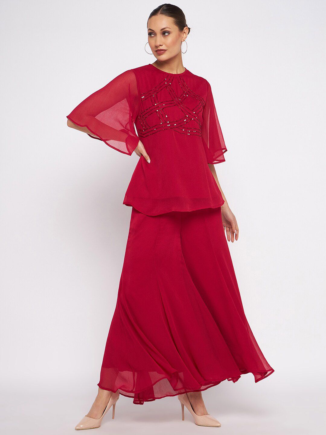 Antheaa Embellished Top & Palazzos Co-Ords Set