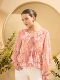 Antheaa Floral Printed Ruffles Detail Chiffon Peplum Top