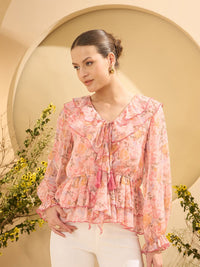 Antheaa Floral Printed Ruffles Detail Chiffon Peplum Top