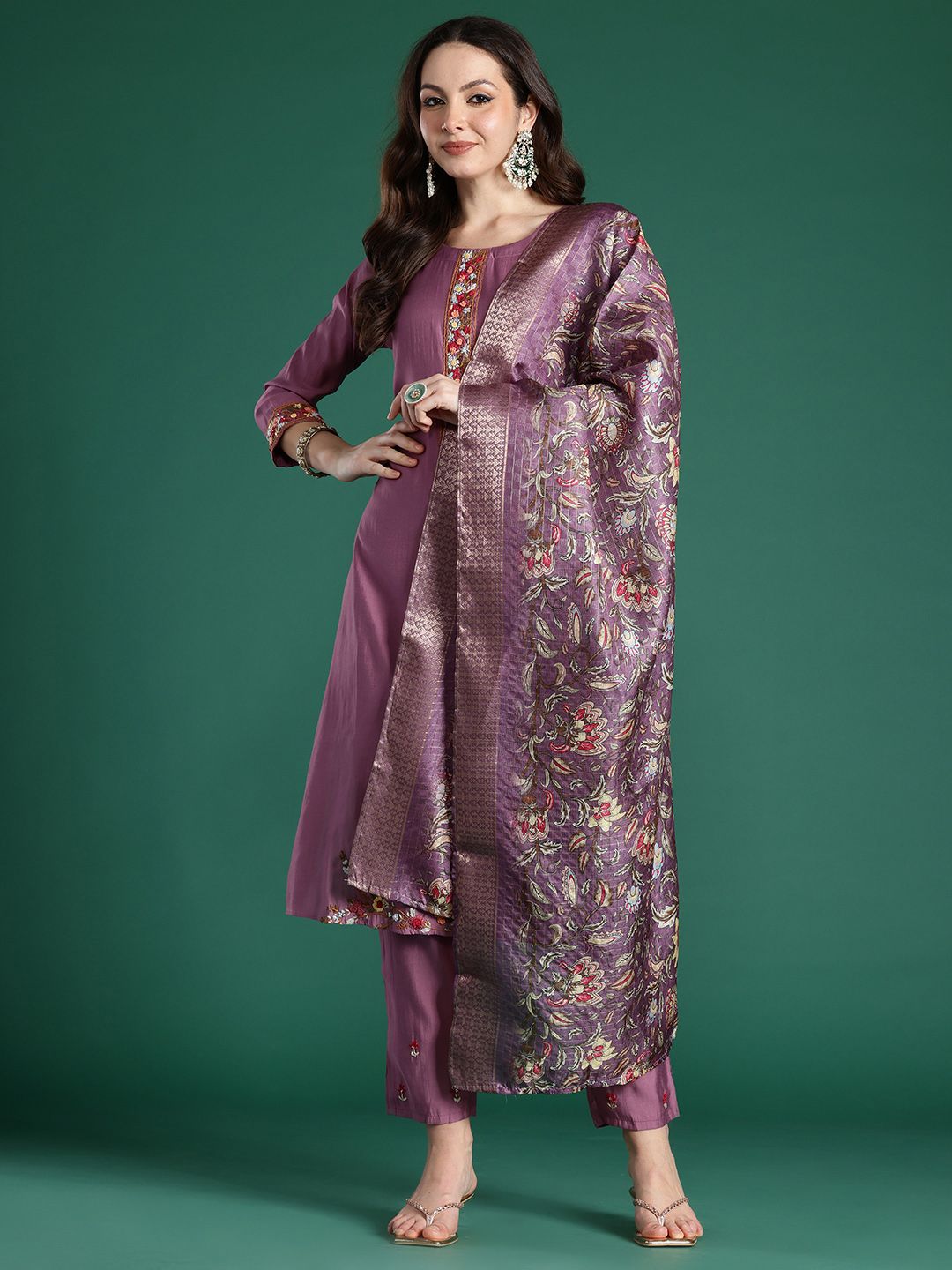 Indo Era Floral Embroidered Thread Work Kurta with Trousers & With Dupatta