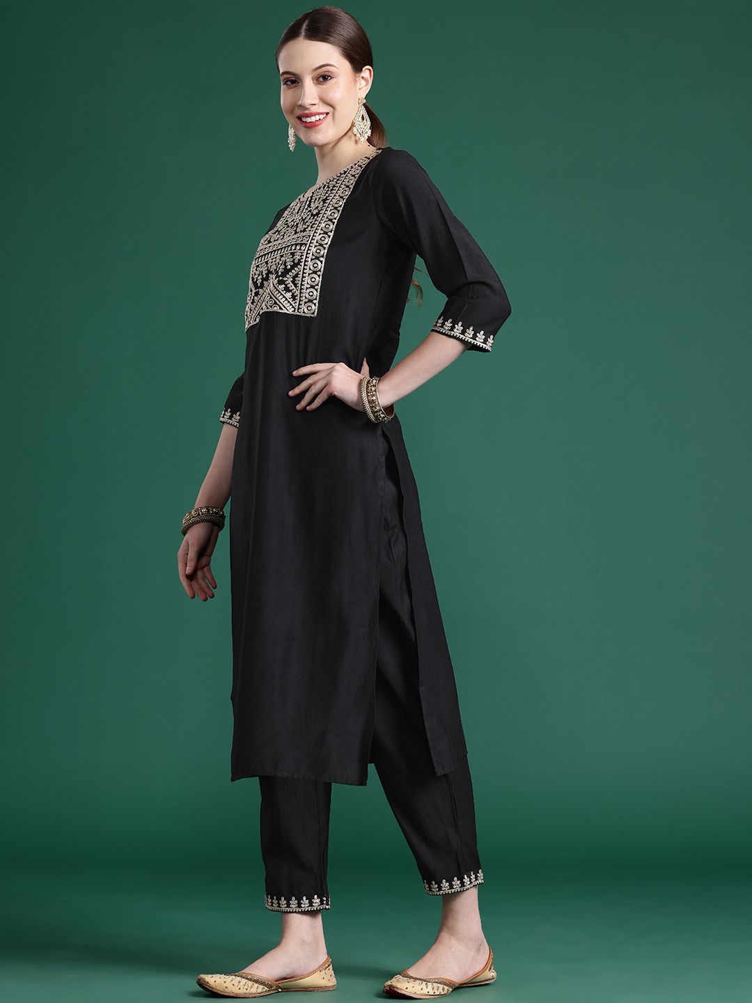 Indo Era Yoke Design Zari Liva Kurta With Trousers & Dupatta