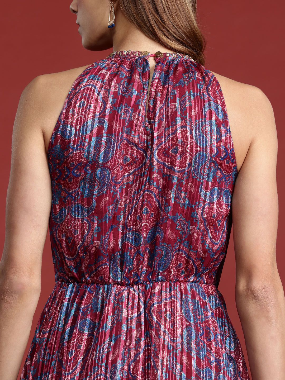 all about you Ethnic Motifs Printed Lurex Stripe Georgette Maxi Dress