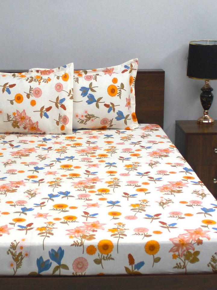 BOMBAY DYEING Vista Yellow & White Floral 144 TC Queen Bedsheet With 2 Pillow Covers