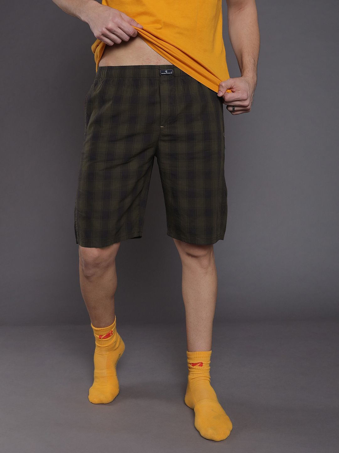 The Indian Garage Co Men Olive Green Checked Lounge Shorts