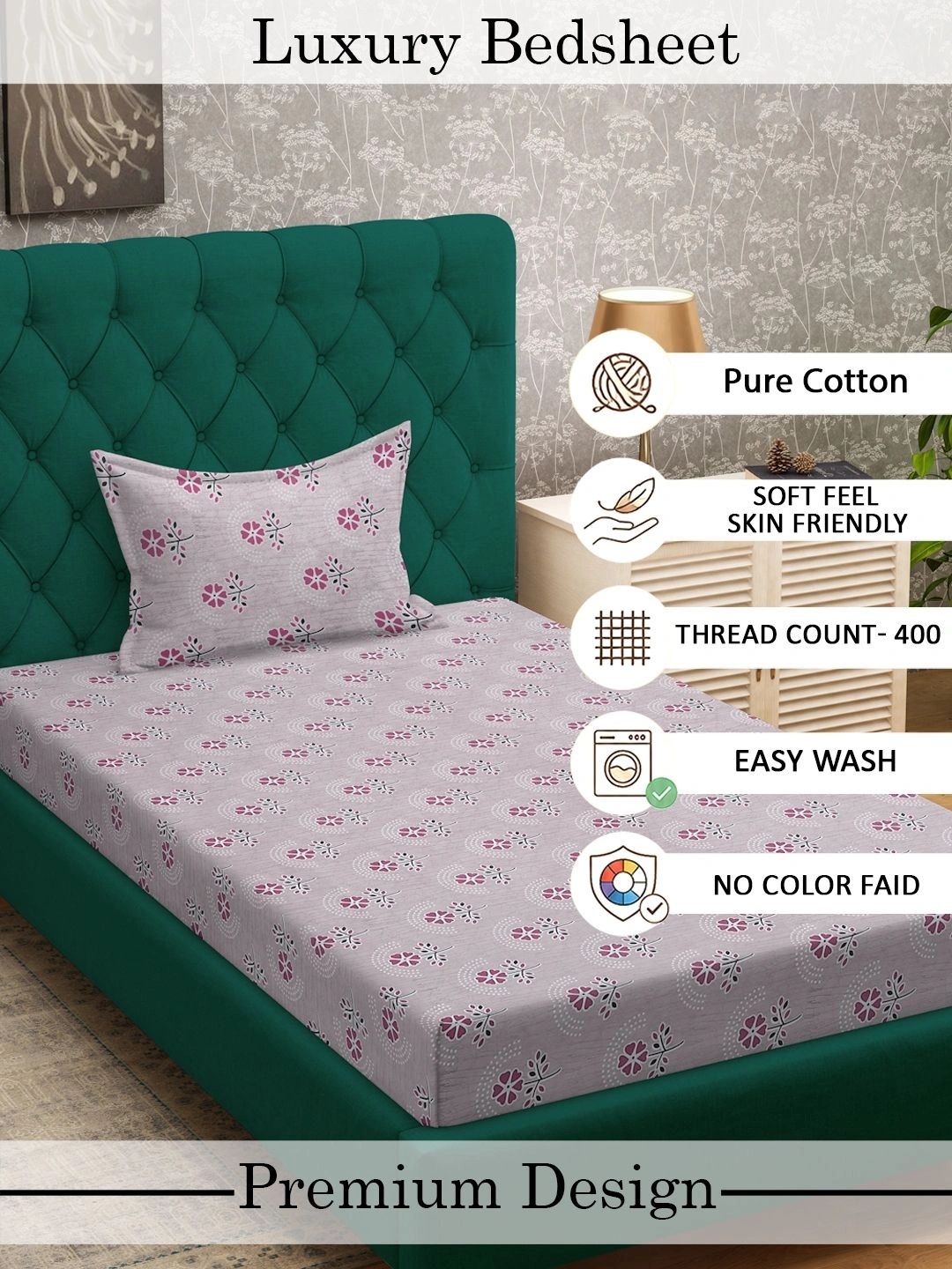 Myntra Elegant Homes Pink Floral 400 TC Cadar Tempat Tidur Single dengan 1 Sarung Bantal