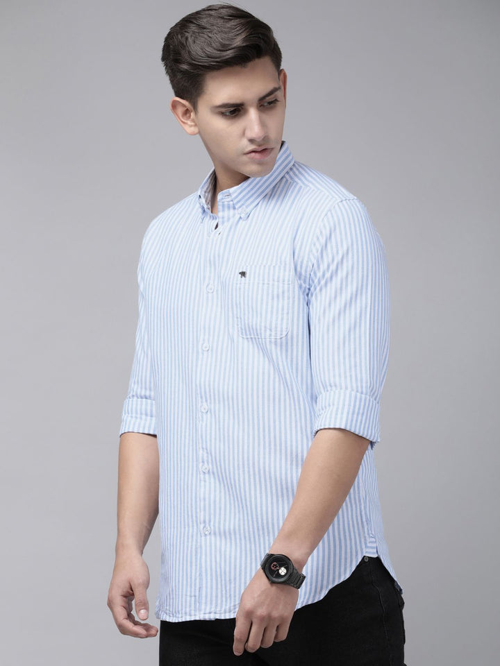 THE BEAR HOUSE Men Blue & White Cotton Slim Fit Striped Casual Shirt