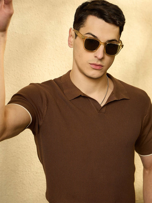 DENNISON Men Textured Polo Collar Knitted T-Shirt