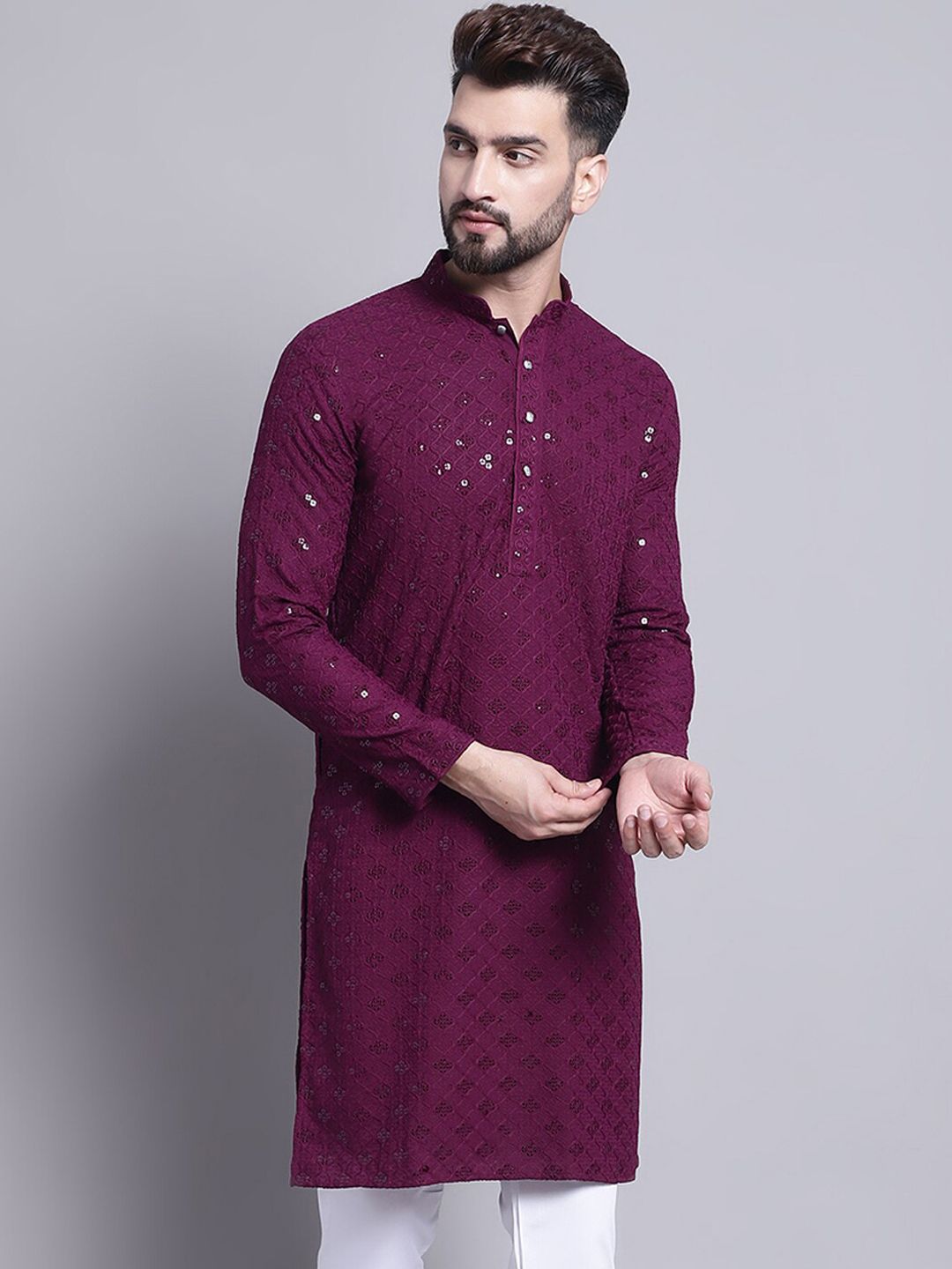 SOJANYA Geometric Embroidered Sequence Mandarin Collar Pure Cotton Kurta