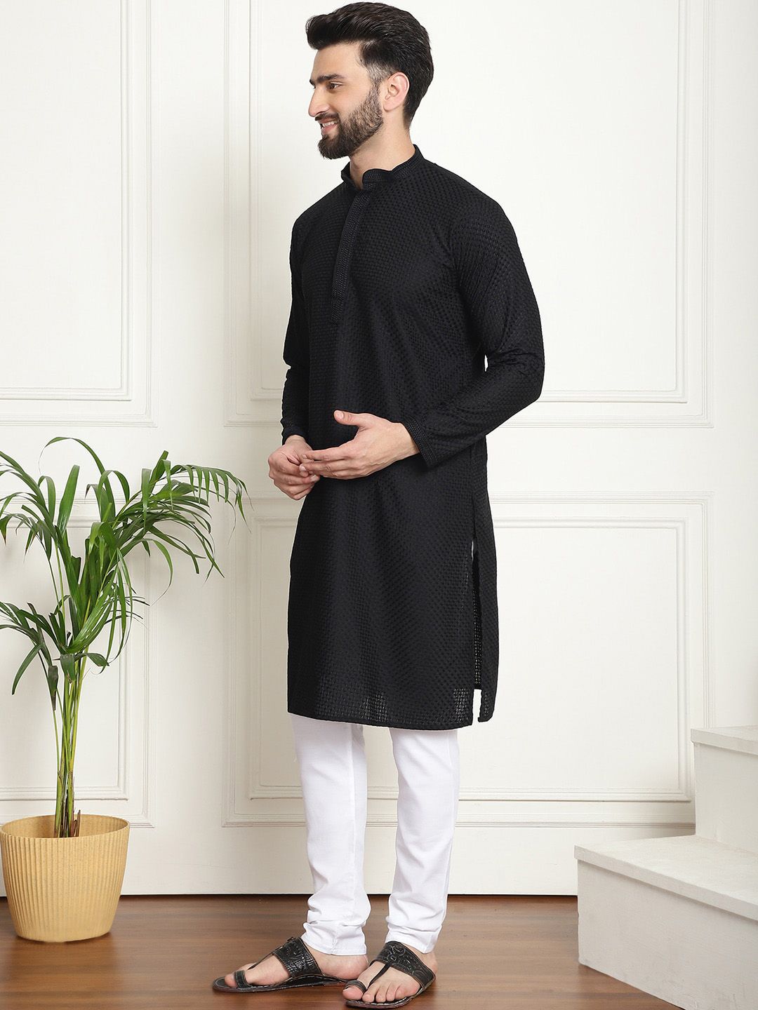 SOJANYA Checked Mandarin Collar Long Sleeves Pure Cotton Kurta with Churidar