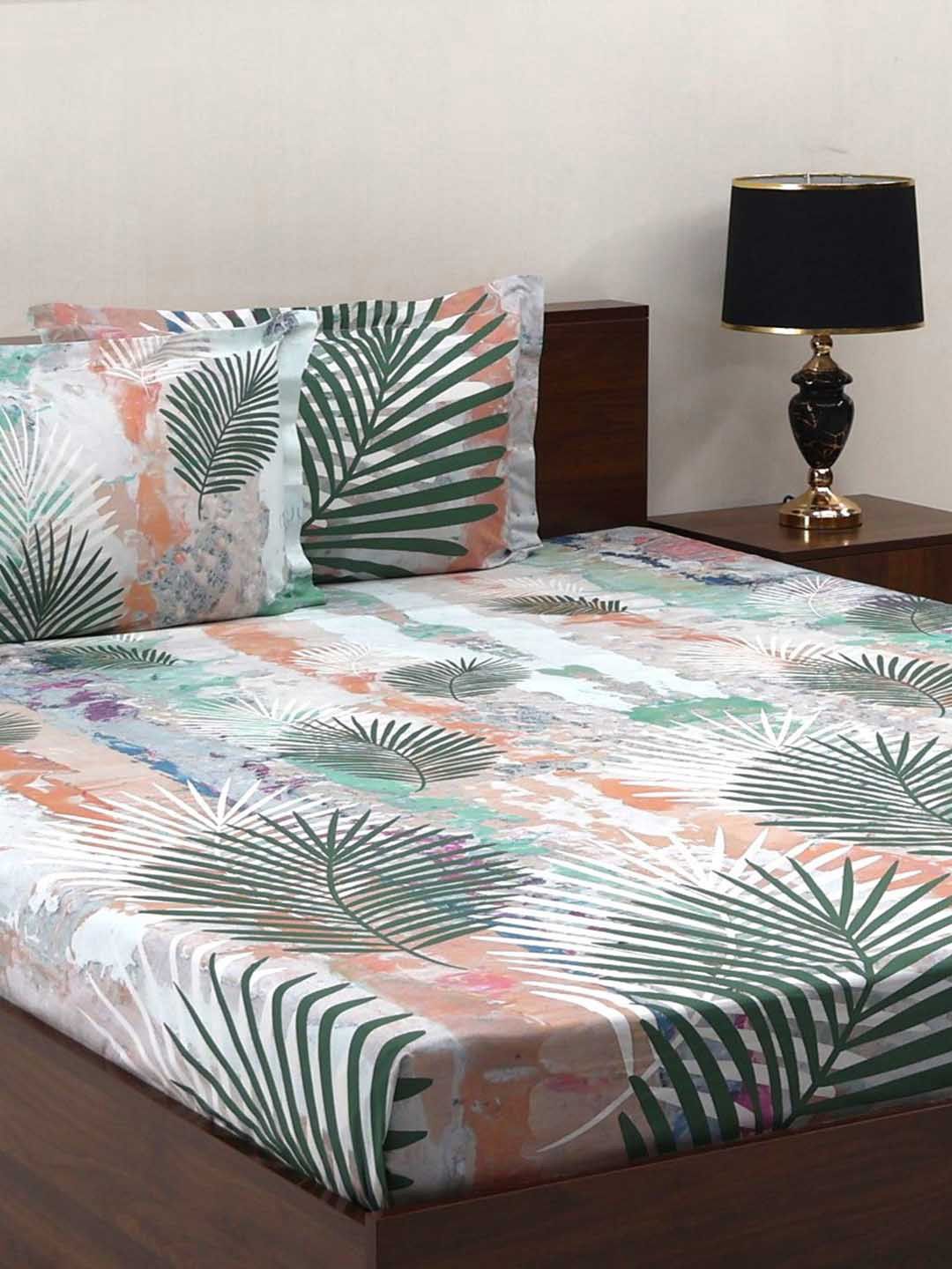 BOMBAY DYEING Fantasque Green Floral Printed Cotton 180 TC King Bedsheet Set 2.74 x 2.74 m