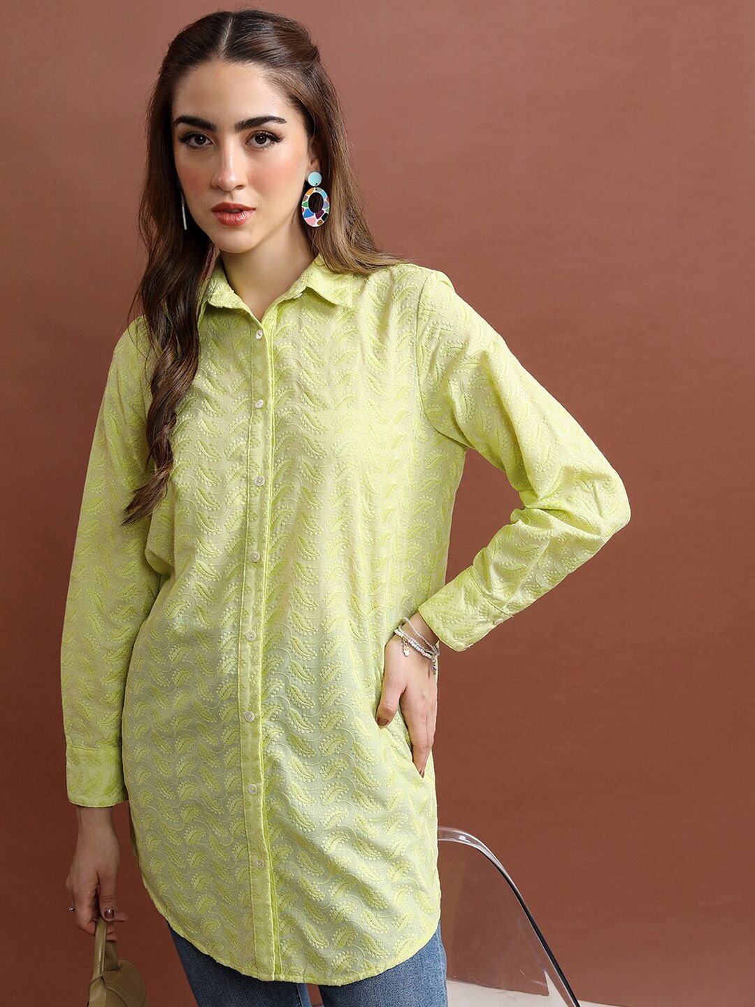 Vishudh Lime Green Floral Embroidered Casual Shirt