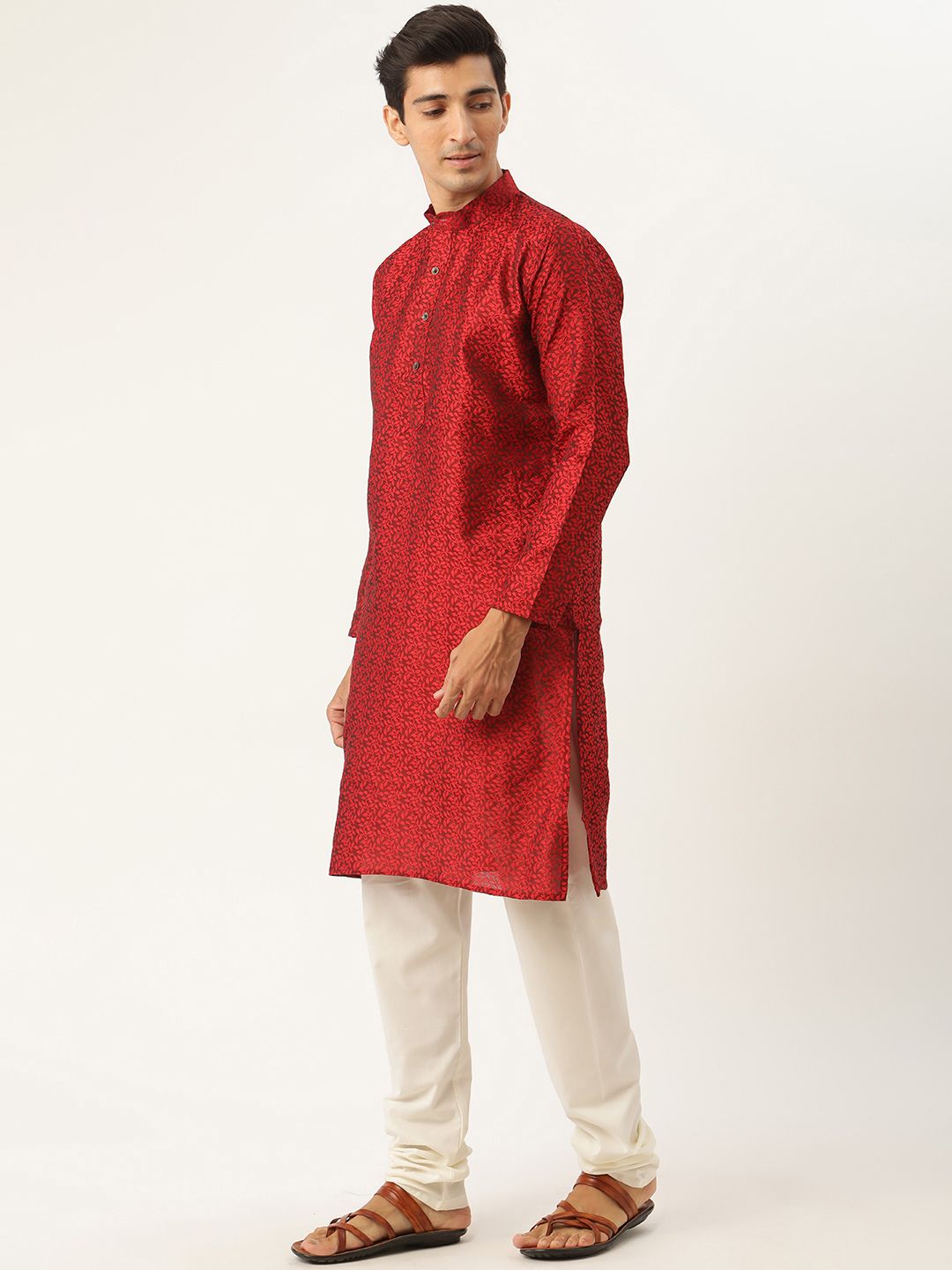 SOJANYA Men Maroon Jacquard Silk Kurta with Churidar & Nehru Jacket