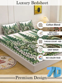 KLOTTHE Green & White Floral 400 TC King Bedsheet with 2 Pillow Covers