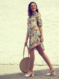 Athena Green & Brown Floral Printed Cotton Linen Dress