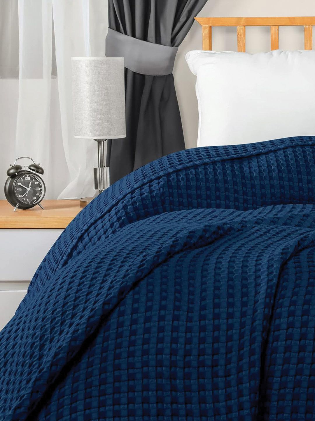 URBAN SPACE Navy Blue Checked AC Room 150 GSM Cotton Single Bed  Waffle Weave Blanket