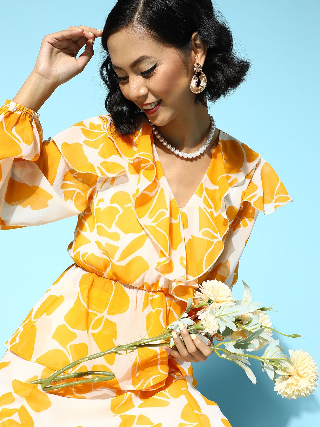 SASSAFRAS Women Lovely Mustard Floral Ruffled Top
