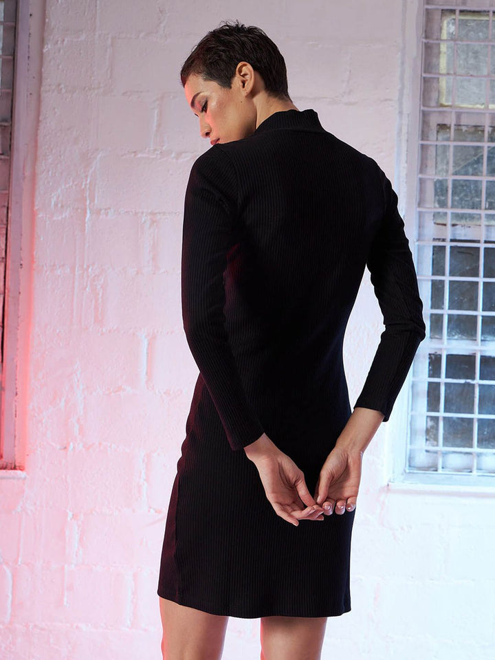 SASSAFRAS Black High Neck Long Sleeve Sheath Dress