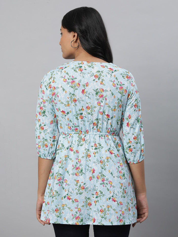 AURELIA Blue Floral Printed V-Neck Pure Cotton Kurti