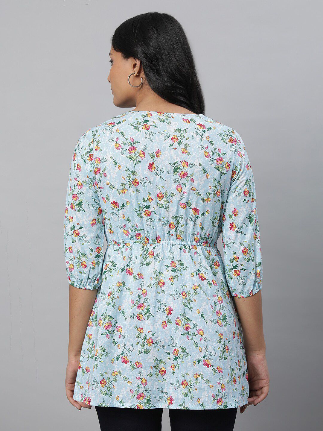 AURELIA Blue Floral Printed V-Neck Pure Cotton Kurti