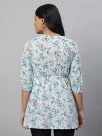 AURELIA Blue Floral Printed V-Neck Pure Cotton Kurti