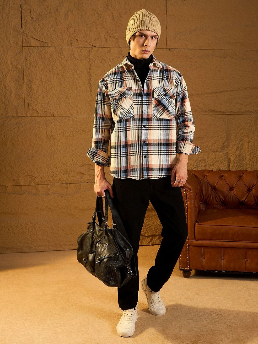 DENNISON Men Double Pocket Drop Shoulder Oversized Cotton Checked Shacket