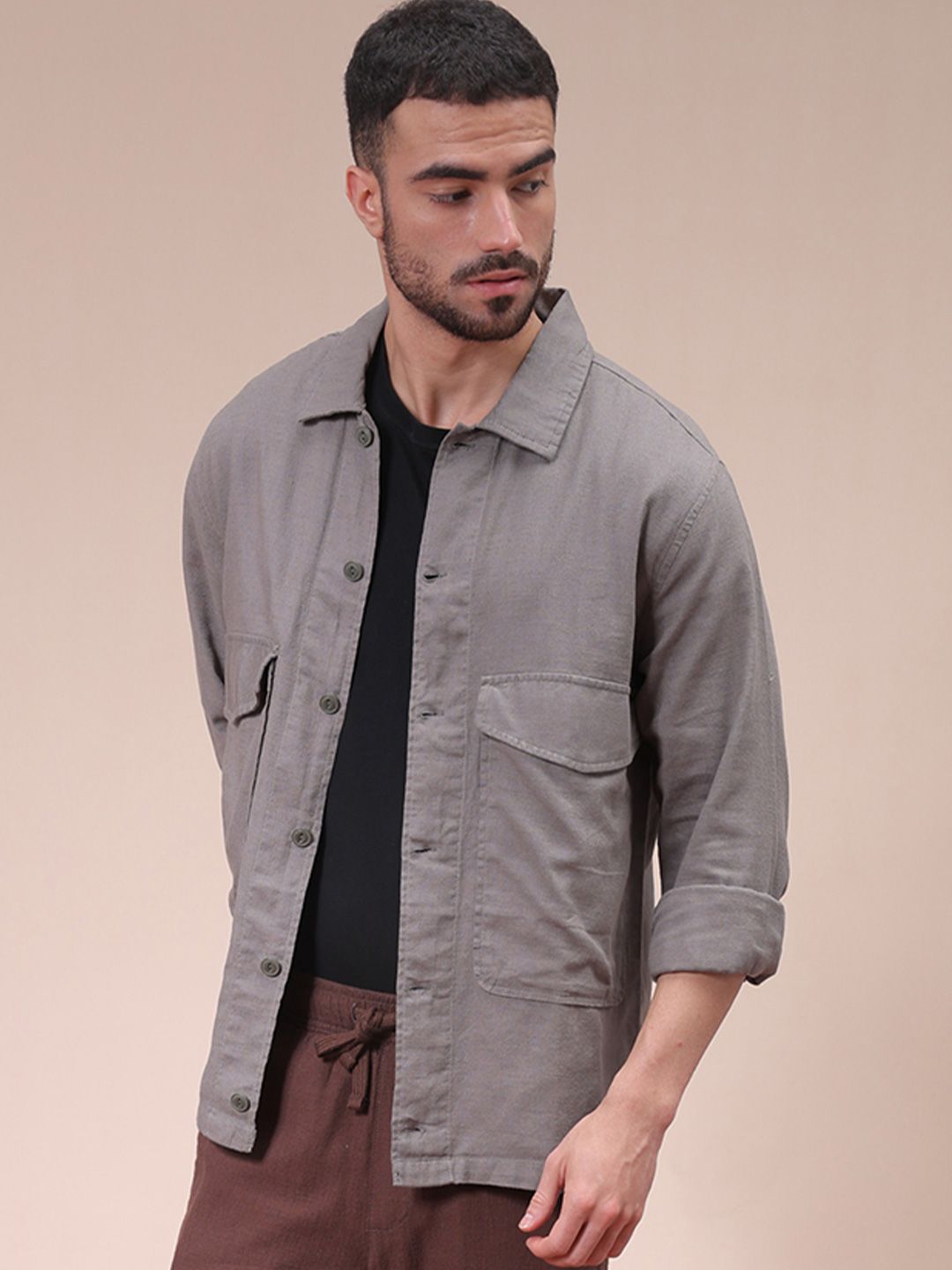 The Indian Garage Co Men Regular Fit Solid Double Flap Pocket Resortwear Overshirt