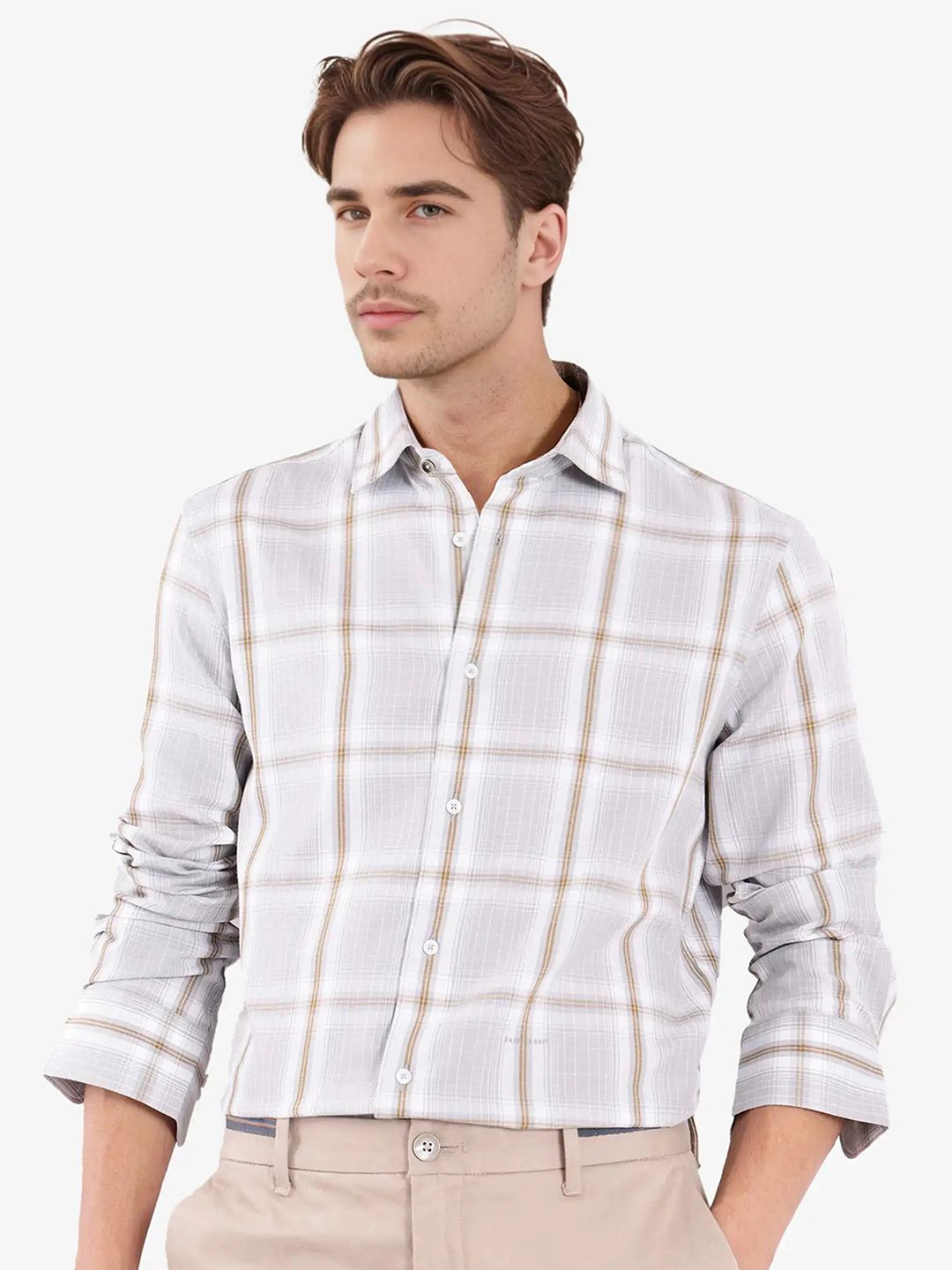 RARE RABBIT Men Comfort Spread Collar Checked Cotton Casual Shirt