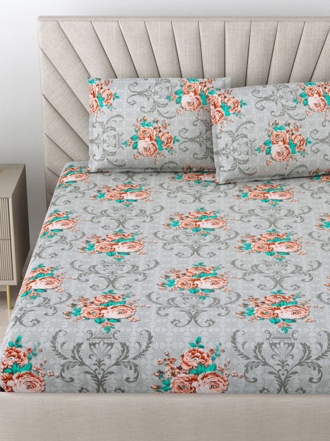 BOMBAY DYEING Dream Lover Grey Floral Printed Cotton 104TC Queen Bedsheet Set 2.54 x 2.24m