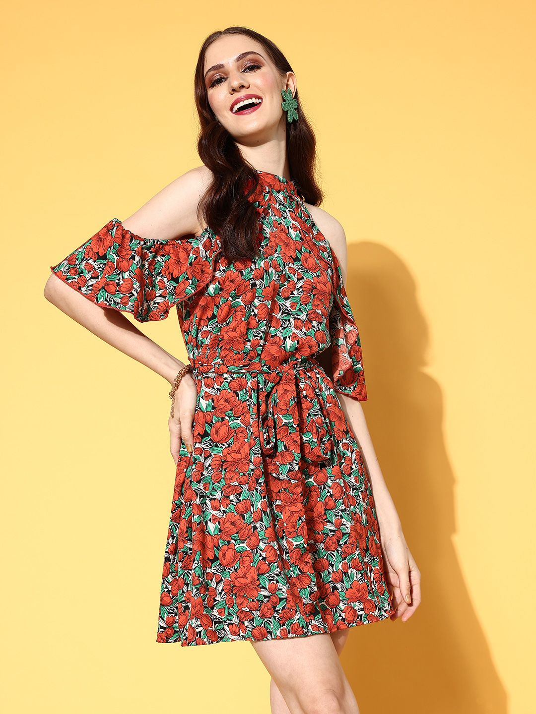 Berrylush Women Rust Floral Vacay Attire