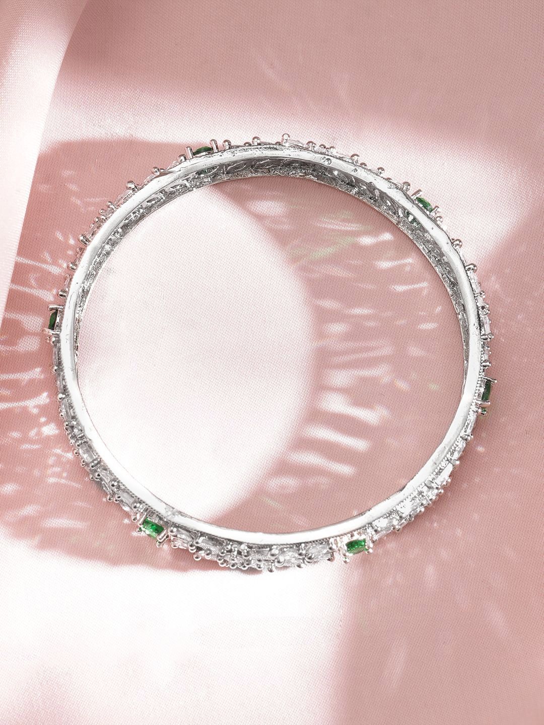 Rubans Set 2 Rhodium-Plated Emerald Green Gemstone & Cubic Zirconia Studded Bangles