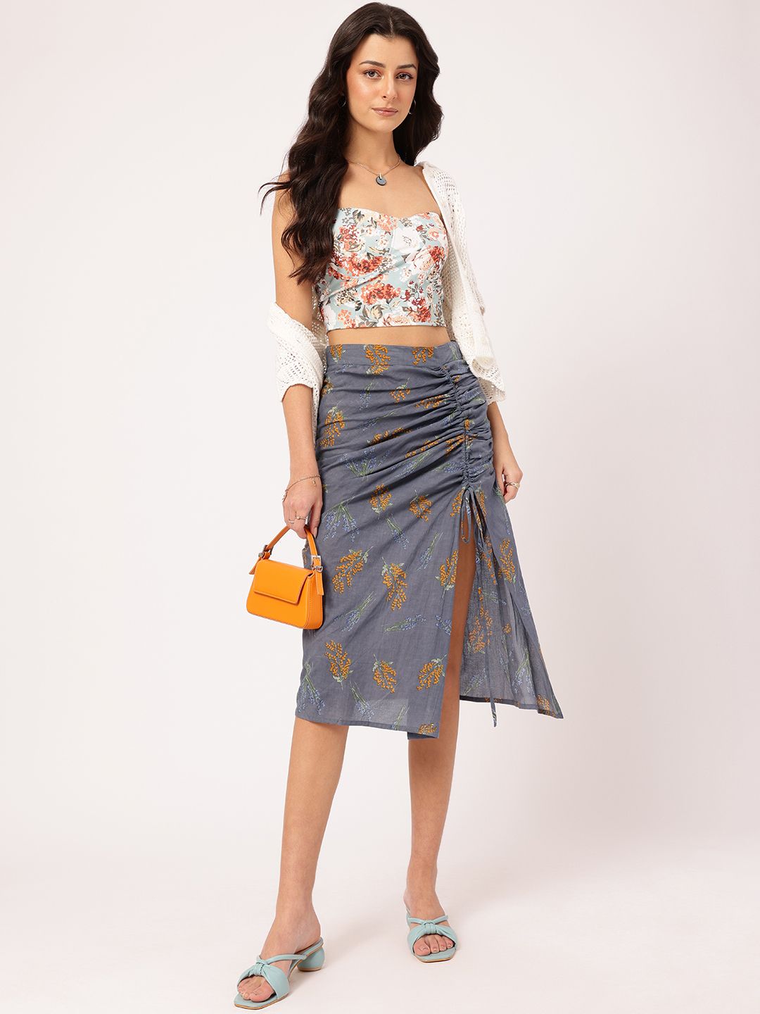 DressBerry Wildflower Wonderland Printed Ruched Side Slit Skirt