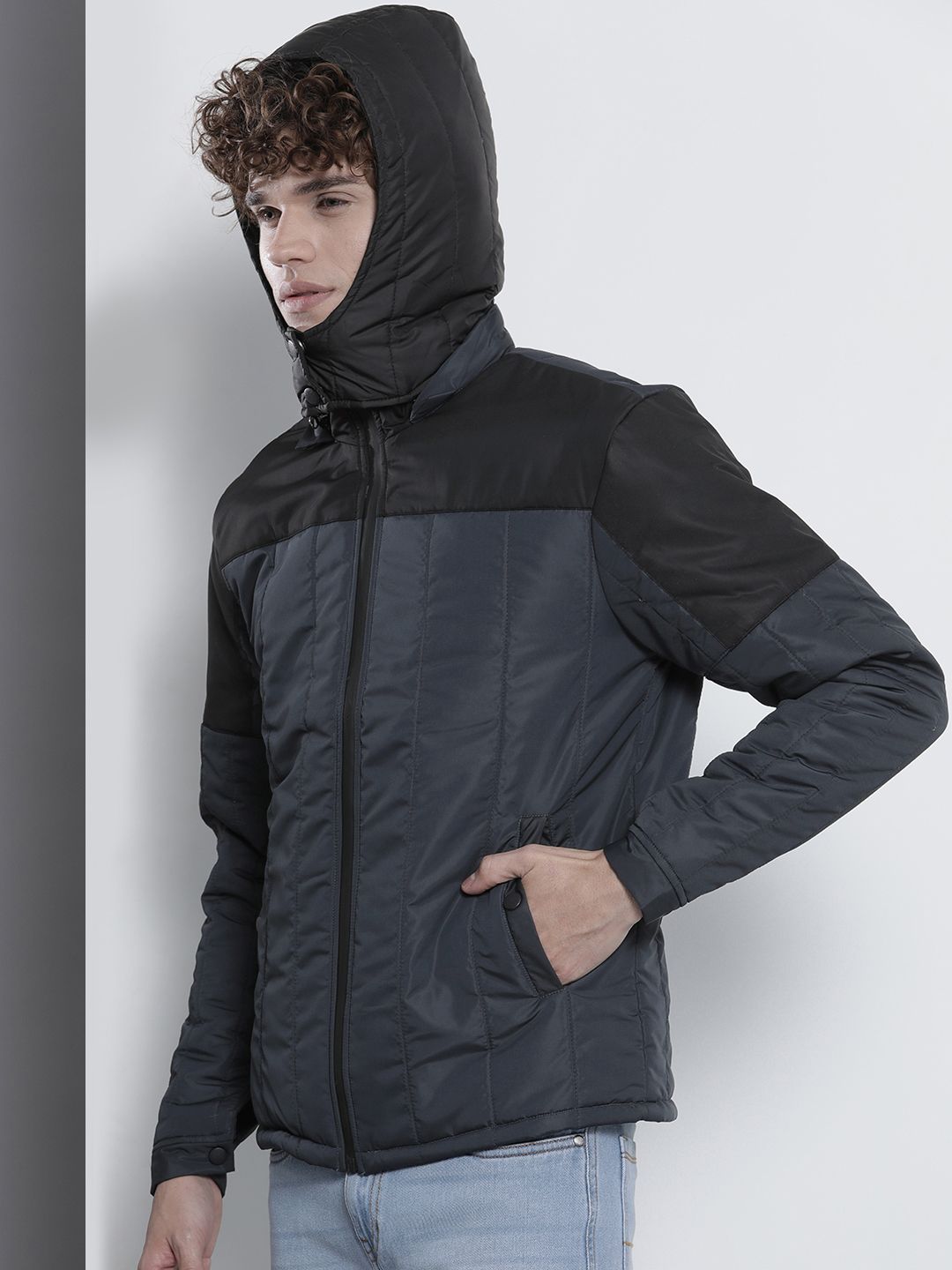 The Indian Garage Co Men Colourblock Zip-Front Slim Fit Bomber Jacket with Detachable Hood