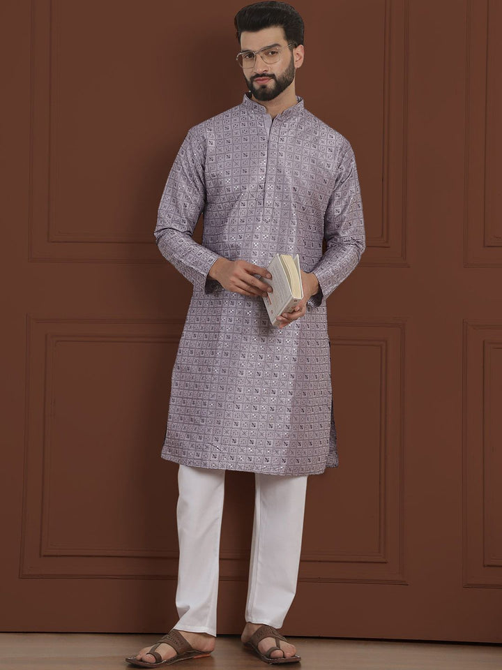 SOJANYA LUXE Ethnic Motifs Embroidered Mandarin Collar Straight Cotton Silk Kurta & Pyjama