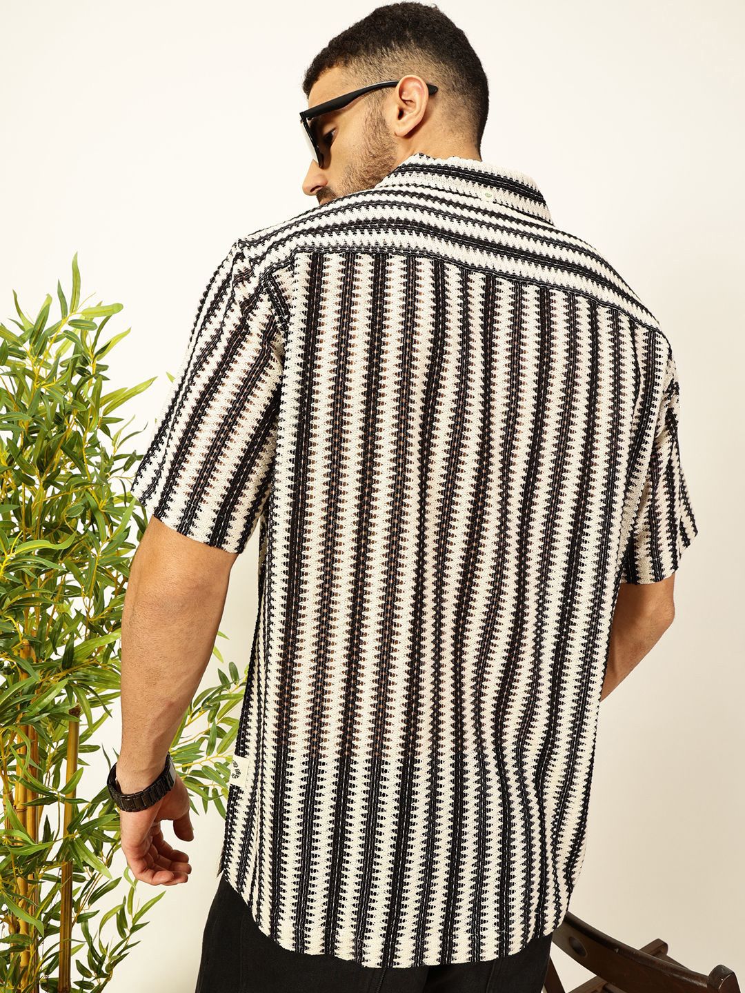 Thomas Scott Men Vertical Stripes Self Design Regular Fit Semi-Sheer Casual Crochet Shirt