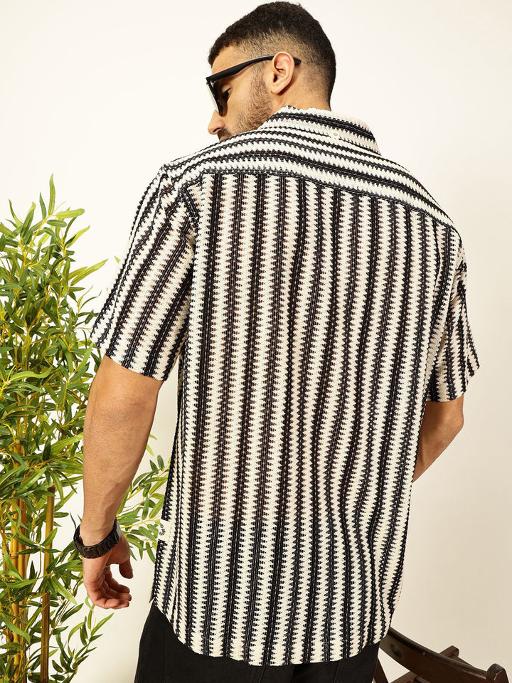 Thomas Scott Men Vertical Stripes Self Design Regular Fit Semi-Sheer Casual Crochet Shirt