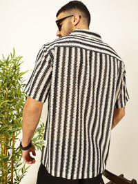 Thomas Scott Men Vertical Stripes Self Design Regular Fit Semi-Sheer Casual Crochet Shirt