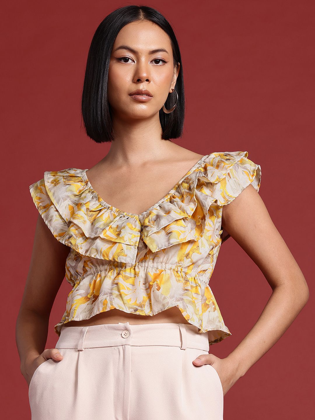 all about you Floral Print Flutter Sleeve Ruffled Top