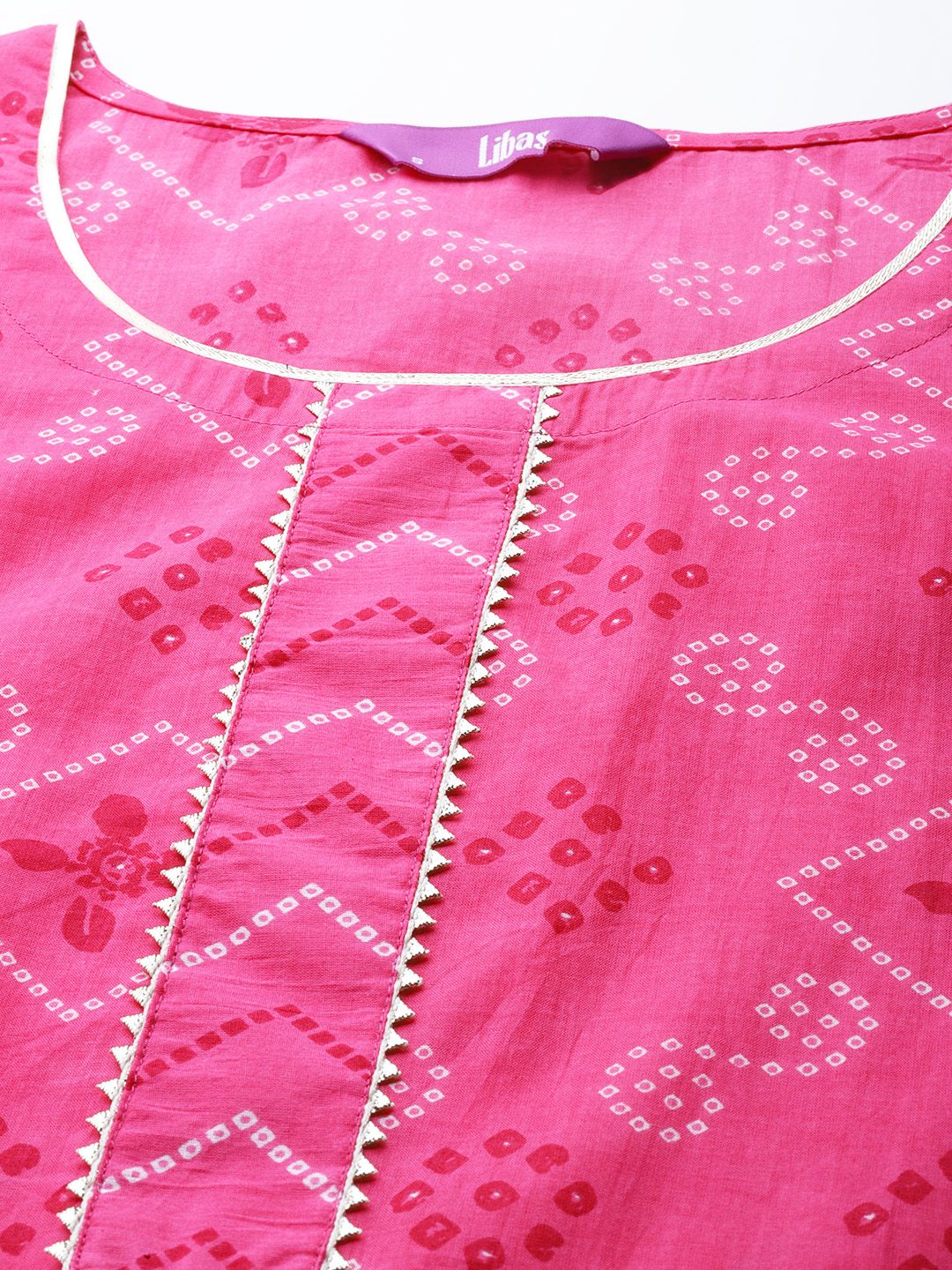 Libas Women Pink Bandhani Printed Gotta Patti Pure Cotton Kurta with Trousers & With Dupatta