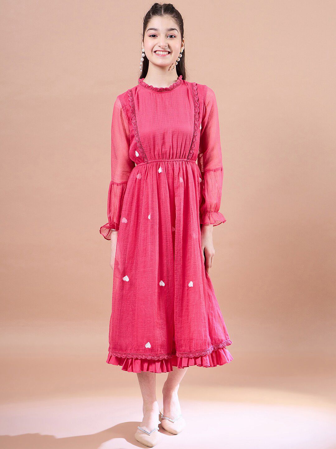 pspeaches Girls Round Neck Puff Sleeves Fit & Flare Midi Dress