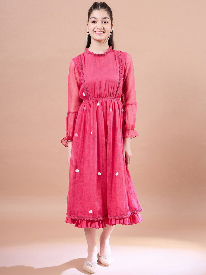 pspeaches Girls Round Neck Puff Sleeves Fit & Flare Midi Dress